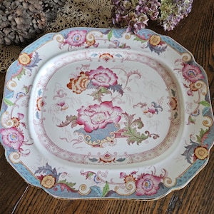 Antique Cauldon England Platter, Bentick Platter, Vintage Cauldon Bentick Napier Earthenware English Platter w/ Pink Flowers & Turquoise Rim