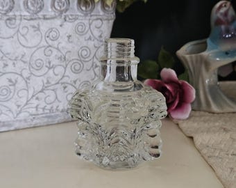 Vintage Small Glass Perfume Bottle with Raised Flowers, Heavy Clear Glass Hexagon Cologne Bottle, Floral Perfume Bottle, Possibly Imperial