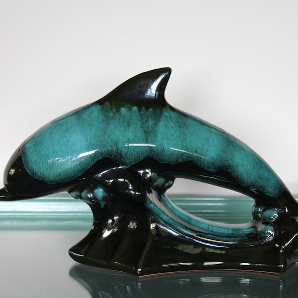 Vintage Large 15 1/2" Blue Mountain Pottery Dolphin, Green Drip Glaze Ceramic Dolphin Statue, BMP Leaping Dolphin, Beach House Centerpiece