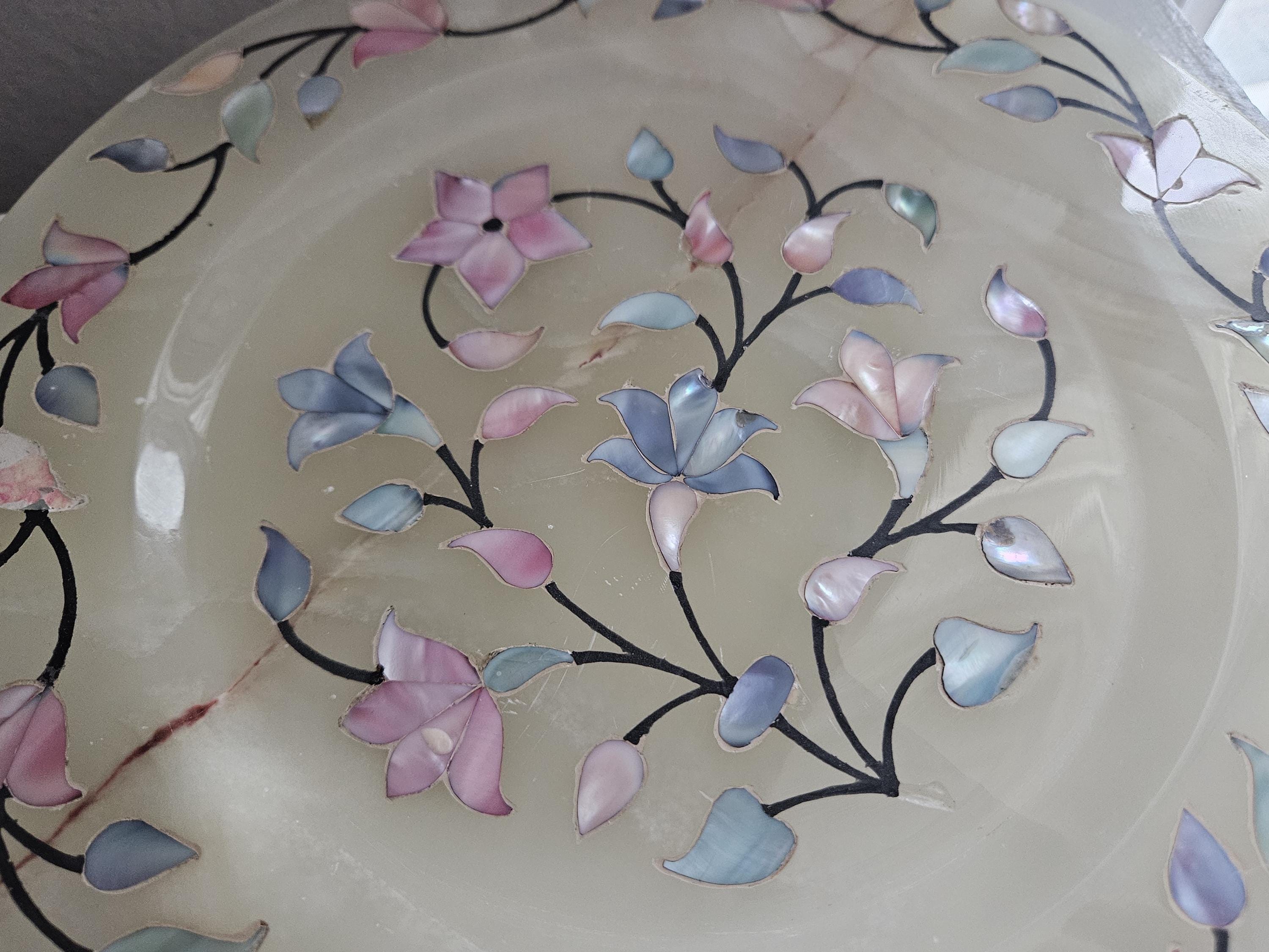 Vintage Alabaster Plate With Abalone Inlay and Dark Veining, Pietra ...