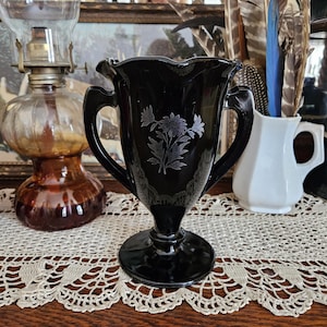 Vintage Black Glass Vase, L.E. Smith Black Glass Trophy Vase with Silver Flower Overlay, Black Amethyst Glass Vase, Art Deco Loving Cup Vase