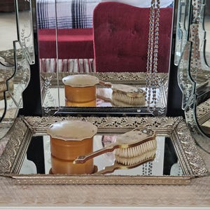 Vintage Vanity Tray with Mirror, Large Rectangle Mirrored Vanity Tray, Brass Filigree Dresser Tray, Glam Hollywood Regency Perfume Tray