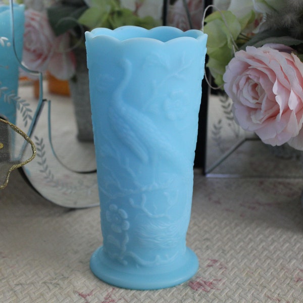 Fenton Blue Satin Peacock Vase, Blue Peacock Vase with Scalloped Rim, Art Nouveau Blue Satin Glass Vase, Tall Light Blue Vase, Garden Vase