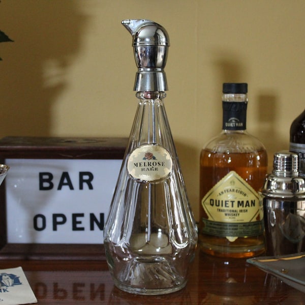 Vintage Melrose Rare Whiskey Decanter Bottle with Chrome Pourer, Melrose Whiskey Decanter, 1960s Liquor Bottle with Rose, Midcentury Barware