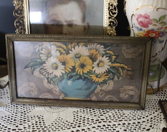 Vintage Vanity Tray with Handles and Image of Flower Vase on Faux Lace Background Under Glass, 1920s Dresser Tray, Antique Perfume Tray