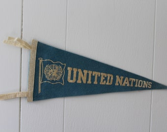 Vintage Small Blue United Nations Pennant, 13 1/4" Blue Pennant, 1950s Light Blue Felt UN Pennant, United Nations Souvenir, NYC Pennant