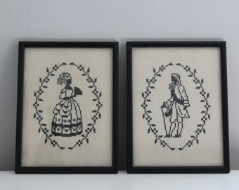 Vintage 12 3/4" Pair of Cross-Stitch Silhouettes in Black Frames, Framed Cross Stitch Courting Couple Silhouettes, Needlepoint Silhouettes