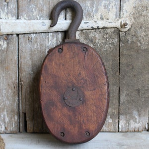 Antique Large 12&quot; Wooden Pulley with Iron Hook, Western Lock Co Pulley, Wood Ship Pulley, Nautical Décor, Single Pulley, Vintage Barn Pulley