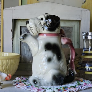 Vintage Schnauzer Teapot, German Porcelain Dog Teapot, Erphila Ceramic Black & White Terrier Begging Teapot w/ Ribbon Handle Made in Germany