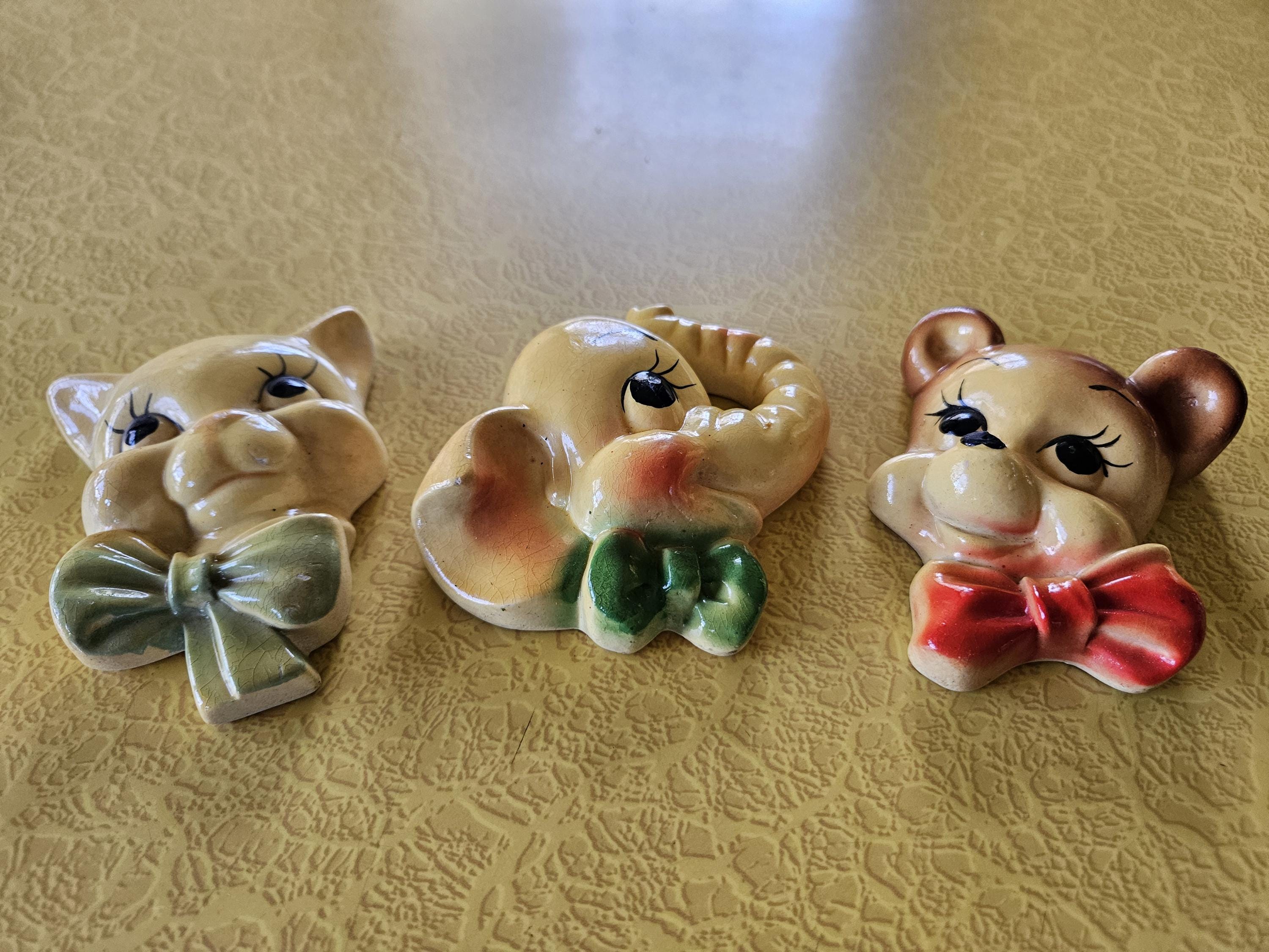 Vintage Set of 3 Animal Chalkware Plaques, Chalkware Cat, Elephant and ...