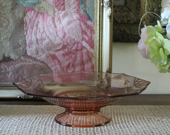 Vintage Pink Depression Glass Shallow Bowl, Pink Depression Glass Fruit Bowl, 1940s Octagon Pink Glass Pedestal Dish with Etched Basketweave