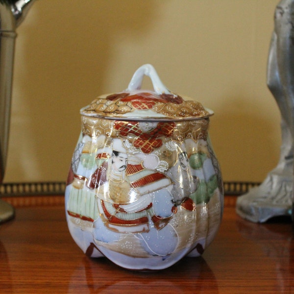 Antique Asian Biscuit Jar with Moriage and Gold Gilt, Vintage Porcelain Biscuit Jar, Cracker Jar, Ceramic Tea Caddy, Japanese Canister & Lid