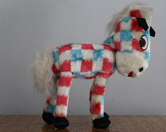 Retro Large 18" Red White and Blue Checked Stuffed Horse, Early 1970s RWB Stuffed Horse, Patriotic Stuffed Animal, Vintage Plush Horse