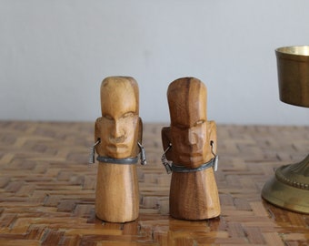 Midcentury African Salt and Pepper Shakers with Metal Earrings and Necklaces, Vintage Hand Carved Wood African Tribal Salt & Pepper Shakers