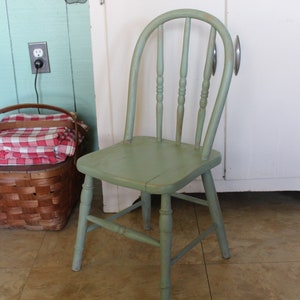 Vintage Small Green Wooden Farmhouse Chair, Child's Green Wood Chair, Kid's Wooden Chair, Children's Windsor Chair for Farm Kitchen or Porch image 2