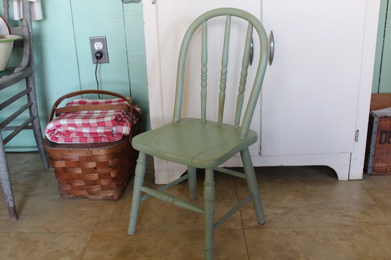 Vintage Small Green Wooden Farmhouse Chair, Child's Green Wood Chair, Kid's Wooden Chair, Children's Windsor Chair for Farm Kitchen or Porch image 2