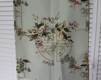 Vintage Real Barkcloth Fabric, 1950s Green Oriental Barkcloth Fabric, Clinton Cathay Pattern, Celadon Color, NOS with Tag, Asian Bark Cloth