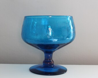 Large Blue Blenko Compote, 8 1/4" Azure Blenko Pedestal Bowl with Crackle, 1960s Blue Crackle Blenko Glass Pedestal Dish by Wayne Husted 629