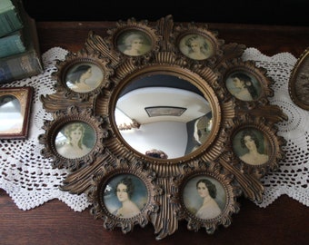 Rare Vintage Cameo Creation Convex Mirror with Portraits of Ladies in Gold Syroco Style Ornate Frame, Starburst Victorian Wall Hanging