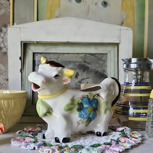 Vintage Cow Creamer, Large Colorful Cow Creamer w/ Flower, Hand-Painted Ceramic Cow Creamer Made in Japan, Kitschy Cow Figurine, Cow Planter