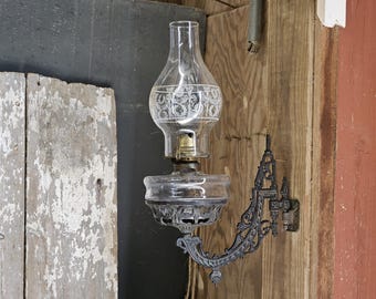 Antique Wall Mount Oil Lamp w/ Glass Font, Hurricane Shade & Wall Bracket, Vintage Hanging Kerosene Lamp, Black Eastlake Cast Iron Oil Lamp