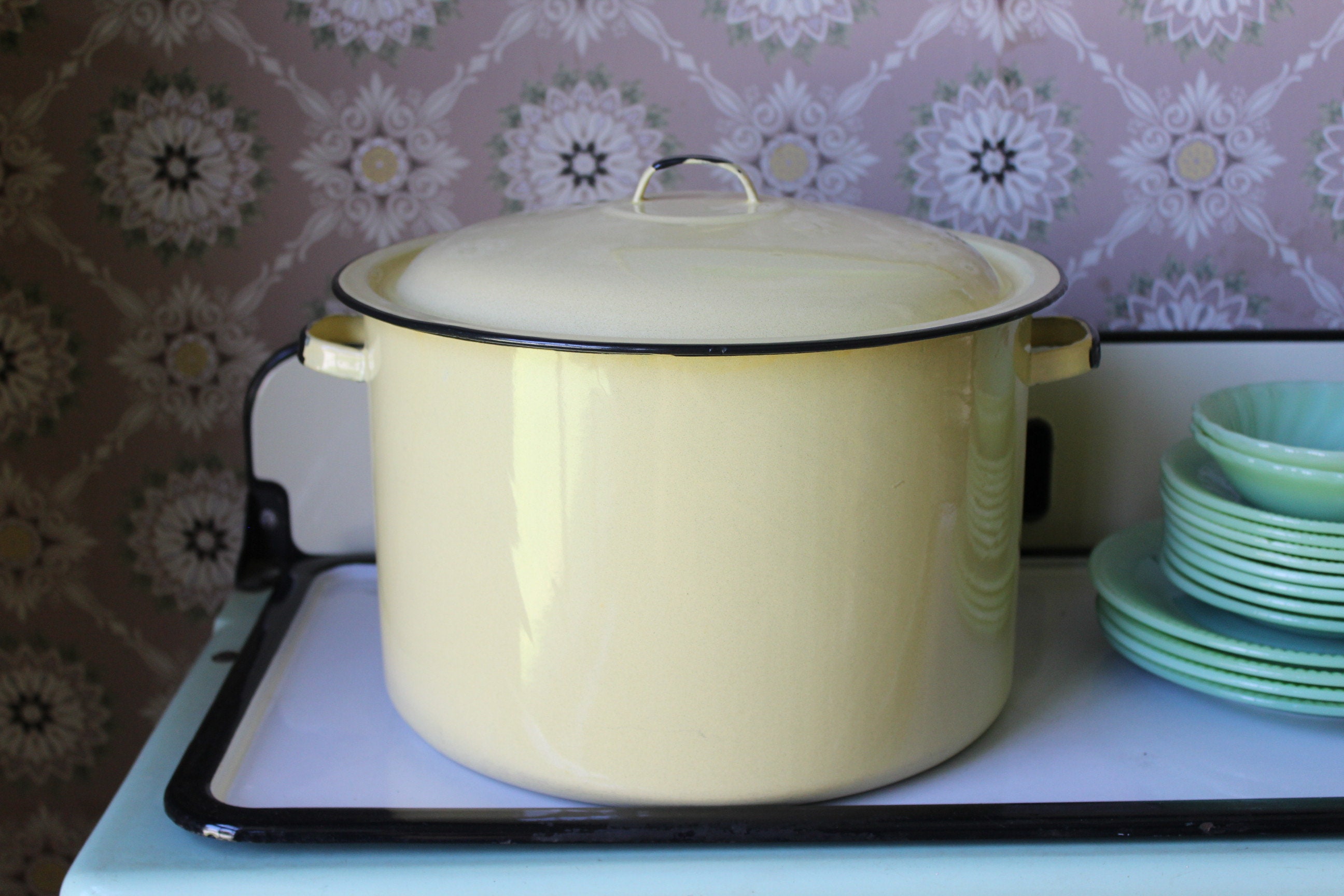 Vintage Metal Enamelware Large Stock Pot Yellow Black Brown Trim