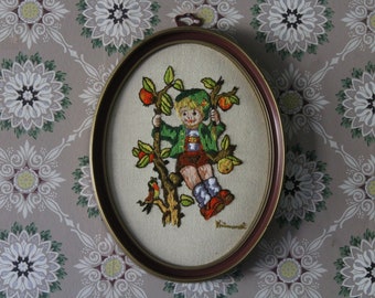 Vintage Completed Oval Embroidery Picture of Hummel Boy, Oval Needlepoint of Boy on Swing in Apple Tree in Oval Frame, 1970s Crewel Picture