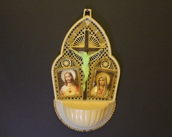 Vintage Glow in the Dark Jesus Holy Water Font, 1960s God Bless Our Home Holy Water Font with Jesus on Crucifix, Door Font, Catholic Art