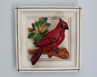 Retro Universal Statuary Cardinal Wall Plaque, Vintage 3D Plaster Bird Picture, 1951 Chalkware Cardinal, Midcentury Framed Red Cardinal