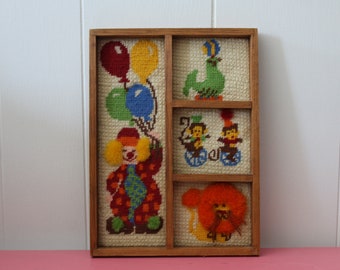 Vintage Completed Circus Cross Stitch Crewel in Shadowbox Frame with Clown, Monkey on Unicycle, Lion, Seal, Framed Clown Needlepoint