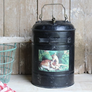 Antique Large Black Metal Oil Can with Brass Spigot on Top, Lays Down to Dispense or Stands, Vintage Large Black Galvanized Metal Fuel Can