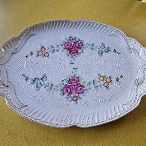 Vintage Large Kalk Porcelain Platter with Raised Enamel Decoration, Pink Roses & Gold Bows, 16&quot; German Porcelain Platter, Oval Ceramic Tray