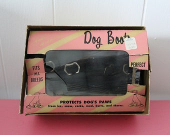 Vintage Dog Boots, Anne Ardmore's Small Black Dog Boots in Original Pink Box, 1950s Hollywood Dog Togs for Glam Dog, Dog Lover Gag Gift