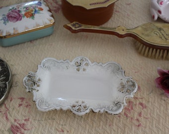 Antique Dithridge Pin Dish, Small Victorian Milk Glass Vanity Tray with Flowers & Hearts, Vintage Milk Glass Soap Dish, Business Card Holder
