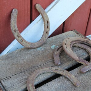 May include: A collection of rusty horseshoes on a wooden surface. The horseshoes are arranged in a random pattern, with some overlapping. The surface is weathered and has a natural wood grain.