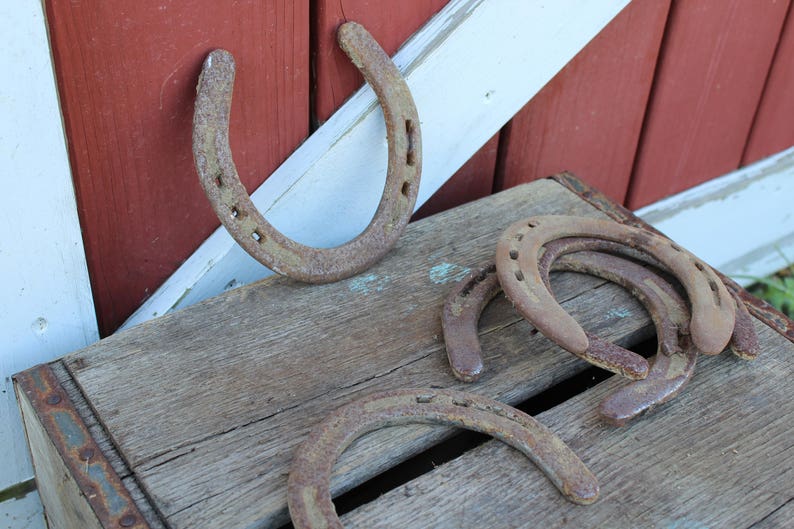 May include: A collection of rusty horseshoes on a wooden surface. The horseshoes are arranged in a random pattern, with some overlapping. The surface is weathered and has a natural wood grain.