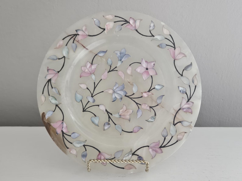 Vintage Alabaster Plate With Abalone Inlay and Dark Veining, Pietra ...