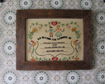 Vintage Large Framed Cross Stitch Sampler, 21" Completed Cross-Stitch Embroidery Folk Art , 1970s Wedding Record, Pennsylvania Dutch Fraktur