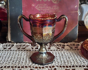 Antique Fenton Amethyst Orange Tree Pattern Loving Cup Vase, Vintage Fenton Glass Iridescent Trophy Vase, Early 20th Century Carnival Glass