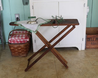 Vintage Child's Wooden Ironing Board and Working Electric Iron with Green Handle, Adjustable Wood Toy Ironing Board & Iron, Laundry Room