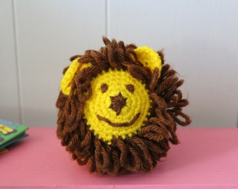 Vintage Baby Rattle, Crocheted Lion Baby Rattle, Lion Plushie Toy, Crocheted Yellow and Brown Lion, Retro Nursery, Jungle or Circus Theme