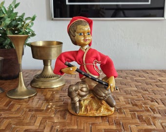 Midcentury Pixie Figurine, 1960s Pixie Playing a Flute, Vintage Pixie Musician, Wood Grain Plastic Pixie Statue, 60s Retro Centerpiece