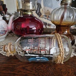 Vintage Ship in a Bottle, Model Ship in Bottle with Cork Stopper and Rope, Coastal, Nautical Centerpiece, Sailor&#39;s Bottle, Fisherman&#39;s Gift