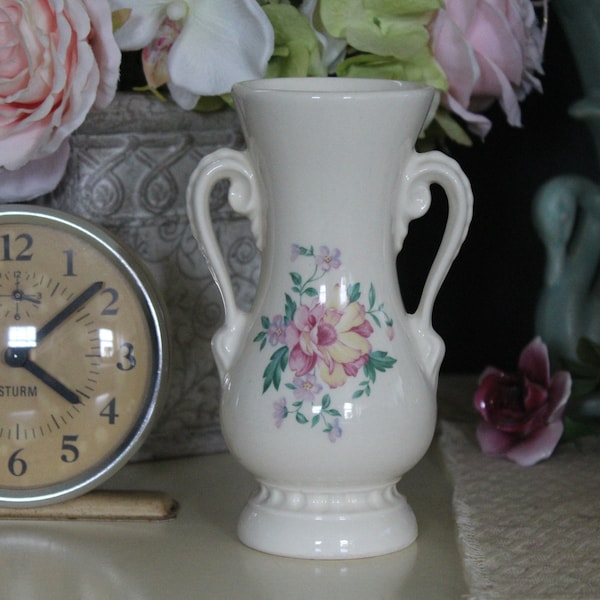 Vintage Royal Copley Floral Vase with Two Handles, 1950s Double Handled Royal Copley Vase with Pink Flowers, Urn Style White Ceramic Vase