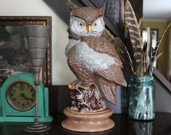 Vintage Large 12 3/4" Ceramic Owl, Byron Mold Plaster Owl on Base, Owl Statue, Boho Owl Figurine, Librarian, Teacher Gift, Woodland Theme