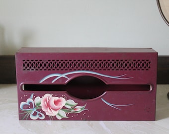 Vintage Maroon Tissue Box Holder w/ Hand-painted Flowers for Wall or Counter, 1950s Dark Pink Metal Tissue Box Cover, Tole Tissue Dispenser