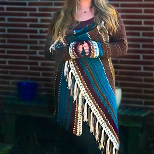 Crochet Blanket Cardigan with Fringes Crochet Pattern | Navajo Inspired Blanket Cardigan | Crochet Pattern | Crochet Poncho Blanket Pattern