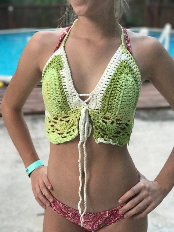 Lime Swirl Bikini Crochet Festival Halter Top Crochet Bikini