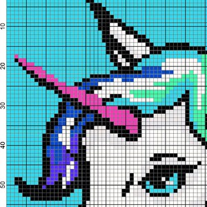 May include: Pixel art of a unicorn's face with a blue, pink, and white horn. The unicorn's eye is blue and black with a white highlight. The background is a light blue.