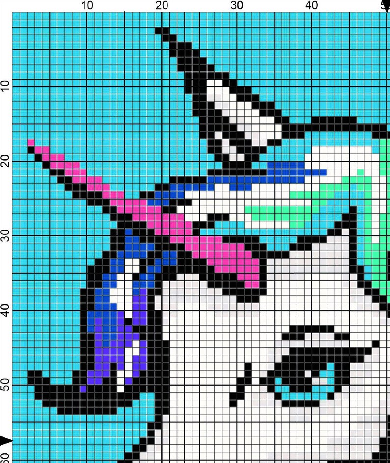May include: Pixel art of a unicorn's face with a blue, pink, and white horn. The unicorn's eye is blue and black with a white highlight. The background is a light blue.